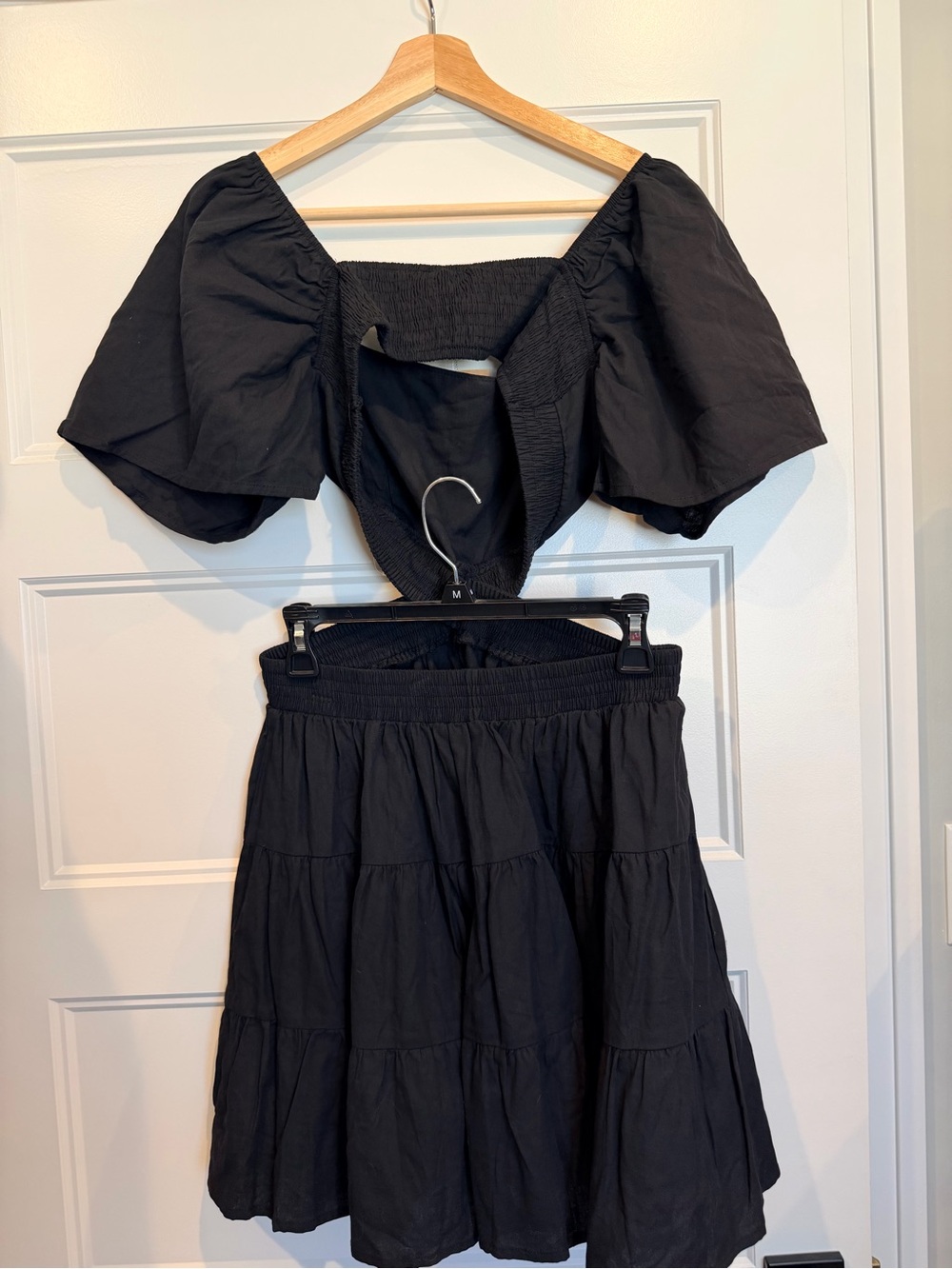 Velvet Black Puff Sleeve Crop Top & Tiered Mini Skirt Set